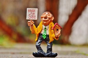 Caracture of a huckster trying to sell a birdhouse