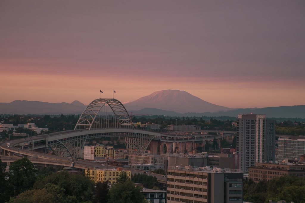 Portland Oregon cityscape sunset