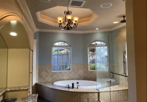 Luxury bathroom with sunken tub.